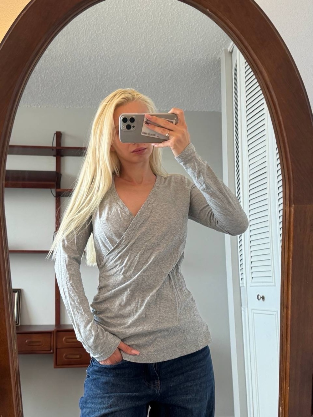 Gap Gray Faux Wrap Long Sleeve Top